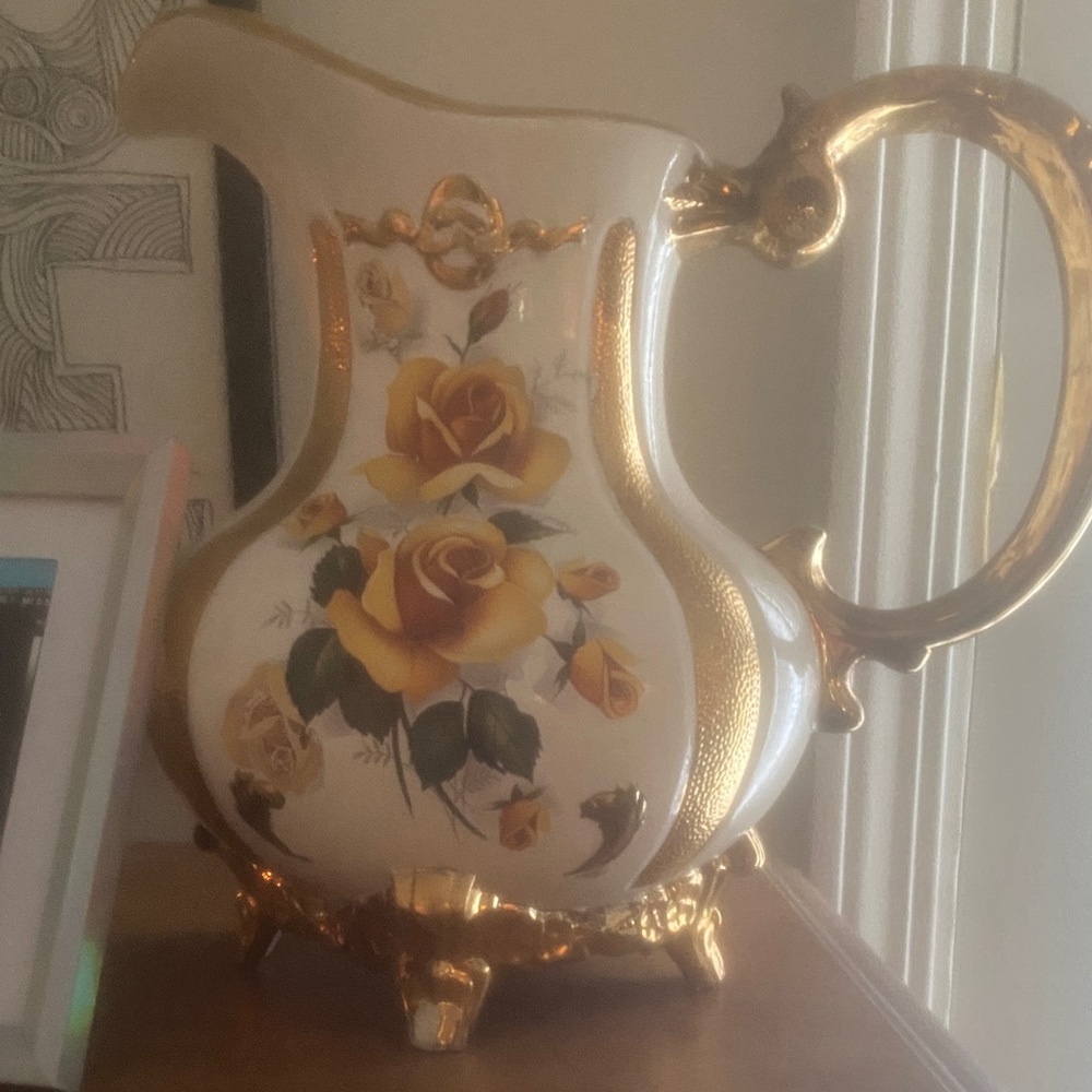 Vintage Floral Gold and White Vase